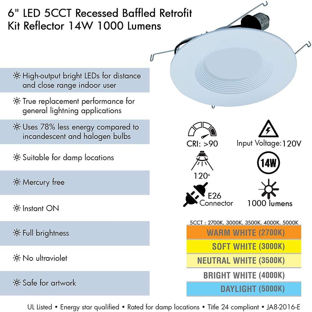 AH Lighting A7 6" LED Selectable 5CCT 14W Recessed Baffled or Smooth Retrofit Kit Reflector