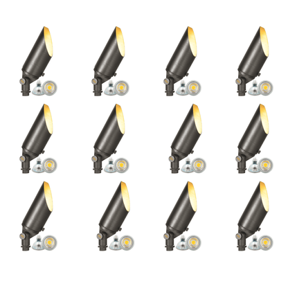 4x/8x/12x Package Adjustable 12V Low Voltage LED Bullet Landscape Brass Spotlight Outdoor Lighting with 5W 3000K Bulb