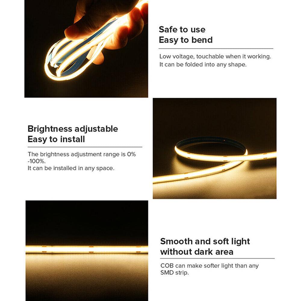 16ft/32ft/82ft Dotless Single Color Linear 8mm 3.4W/ft / 4.5W/ft 10mm LED Strip Lights Low Voltage FCOB DC24V Tape Light