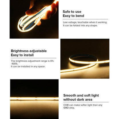 16ft/32ft/82ft Dotless Single Color Linear 8mm 3.4W/ft / 4.5W/ft 10mm LED Strip Lights Low Voltage FCOB DC24V Tape Light